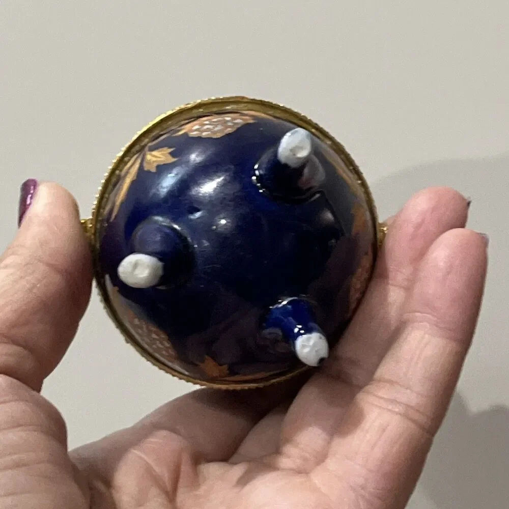 Cobalt Blue Porcelain Egg Trinket Box Footed with Floral Decoration